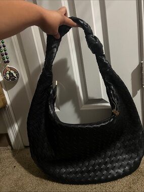 Anthropologie Black Woven Hobo Bag with Braided Handle
